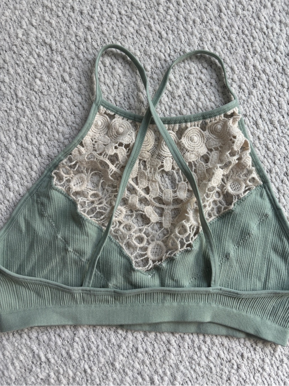 Three Bird Nest Sage Green Ribbed Halter Bralette with Cream Crochet - Picture 4 of 6